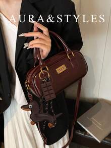 Free Doll Charm Textured Crossbody Women's Bag Autumn/Winter New Large Capacity Boston Mom Bag All-Season Commuter Handbag - Burgundy - View 1