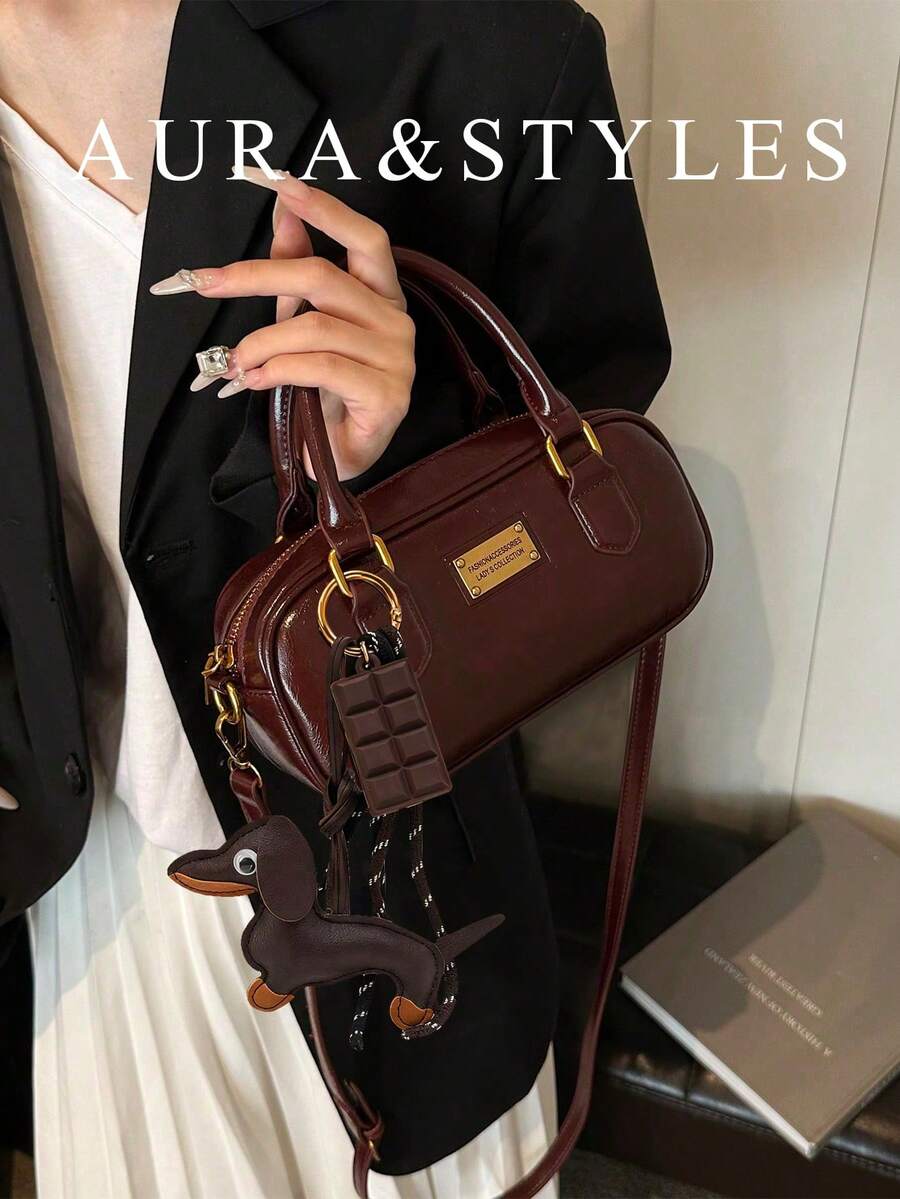 Free Doll Charm Textured Crossbody Women's Bag Autumn/Winter New Large Capacity Boston Mom Bag All-Season Commuter Handbag - Burgundy - View 1