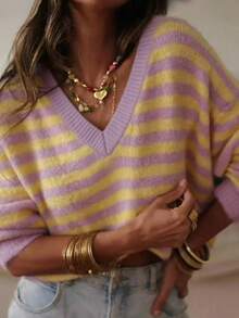 Women's Striped Top, Beautiful Sweater, Long Sleeve Pullover, Elegant Casual Clothing For Daily Wear And Vacation In Spring, Autumn And Winter - Mauve Purple - View 6