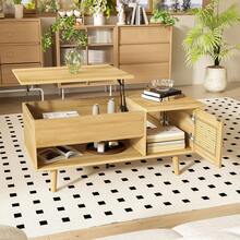 Elegant Coffee Table With Liftable Table Top And Rattan Doors, Wood Color With Black Accents, Ideal For The Living Room - Practical Storage Space And Functional Design, 109.98 X 59.49 X 15.98 Cm - Multicolor - View 2