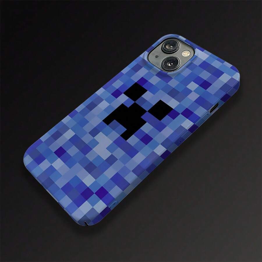 Minecraft Retro Pixel Game Style Black Creeper Pixel Graphic Blue Mosaic Grid Pattern Multishade Navy Sky‑Blue Color Rectangular Shell Raised Camera Bezel Precise Port Cut‑Out Full Edge Wrap‑Around Protective Cell Phone Back Cover, Gamer Teen Gift Gaming Party Supplies Birthday Present Holiday Surprise Daily Outdoor Indoor Office All‑Season Game‑Lover Accessory Custom Pixel Art Smartphone Protector - Blue - View 1