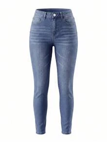 Plus Size Women High Waist Elastic Skinny Jeans, Casual Slim Fit Waist Cinching Spring Fall - Medium Wash - View 6
