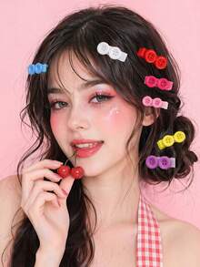 7件/14件女款甜美風糖果色雙圓鈕髮夾，可愛Y2K多巴胺迷你側夾，瀏海髮飾，適合多種日常瀏海髮型 - 彩色 - 查看 10
