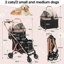 3-In-1 Foldable Dog Buggy Up To 20kg | Foldable Cat Stroller, Pet Buggy With 4 360° Rubber Wheels, With Storage Basket And Cup Holder - 金+黑 - 查看 2