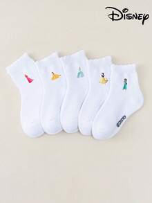5 Pairs Girls Disney Princess Aurora, Belle, Cinderella, Snow White, Jasmine Printed Ruffle Short Socks, Soft Breathable High Elastic Comfortable, Suitable For Daily Home And School Wear - Multicolor - View 10