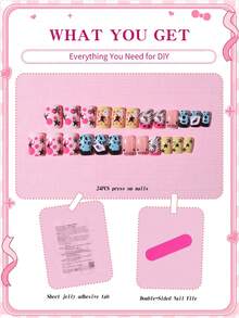 Sanrio Hello Kitty 24片短方型 3D凝膠與豹紋黑色法式指尖穿戴甲，附可愛Hello Kitty、DOMO、星星、波點、指甲與嘴唇設計裝飾，完美貼合假指甲套組，含1片果凍膠與1個指甲锉 - 彩色 - 查看 4
