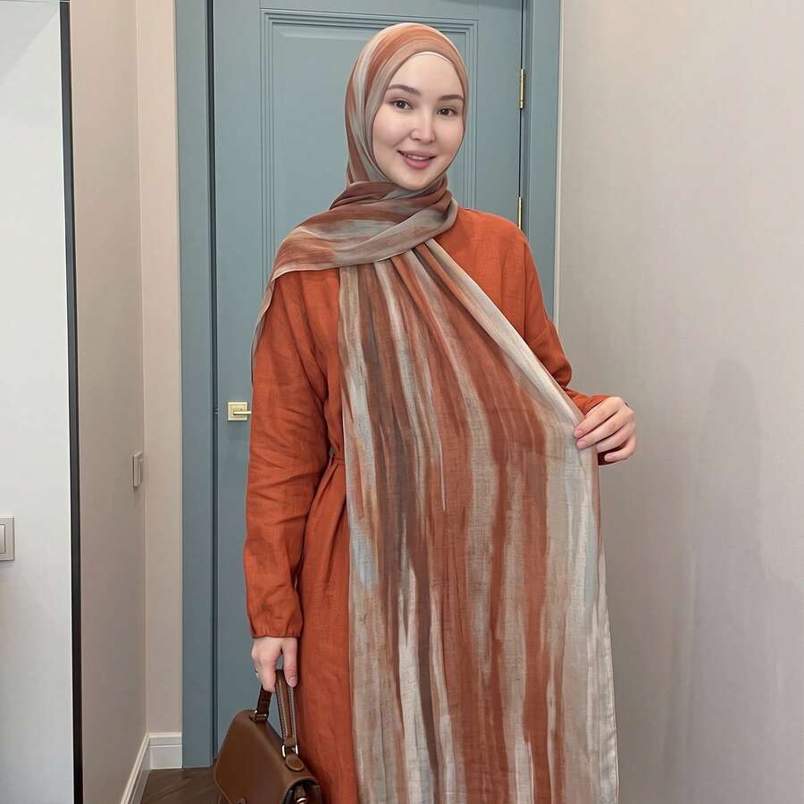 1件彩虹條紋印花黏膠纖維頭巾,波希米亞風,舒適柔軟女款圍巾,休閒多用途防曬披肩 - 橘色 - 查看 1
