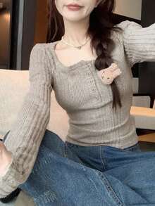 Women's Minimalist Ribbed Long Sleeve Slim Fit Cropped T-Shirt, New Autumn/Winter Base Layer Top, Random Fabric Patchwork Fall - Grayish Apricot - View 3