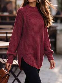 Women's Basic Loose Thick Waffle Knit Solid Color Long Sweater, Curved Hem, Casual Crew Neck Pullover Long Sleeve Sweater Top, Anchor Red Fall - Burgundy - View 4