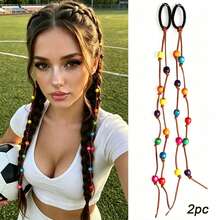2pcs/Pack Colorful Beaded Woven Hair Ties Hair Accessories Ponytail Hair Bands High Elasticity Hair Ropes Ponytail Hair Decoration - Multicolor - View 8