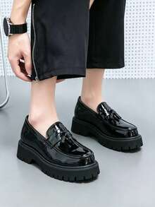 Men's Versatile Business Casual Thick Sole Height-Increasing Slip-On Black & White Colorblock Loafers - Glossy Black - View 5