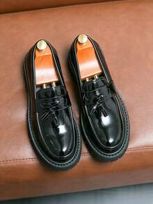 Men's Versatile Business Casual Thick Sole Height-Increasing Slip-On Black & White Colorblock Loafers - Glossy Black - View 10