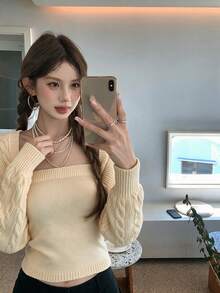 極簡性感辣妹針織抹胸上衣 + 極簡開襟外套上衣 女款秋冬設計兩件套 - 杏色 - 查看 4