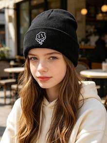 2 Peças Conjunto de Gorro Bordado Minimalista para Mulheres e Homens, Gorro de Malha com Gráfico de Desenho Animado Fofo, Gorro Quente Casual de Streetwear, Presente Combinado para Casais - Multicolorido - Visão 1
