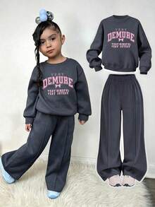 Young Girl Letter Print Round Neck Long Sleeve Top And Flared Pants - Dark Grey - View 1