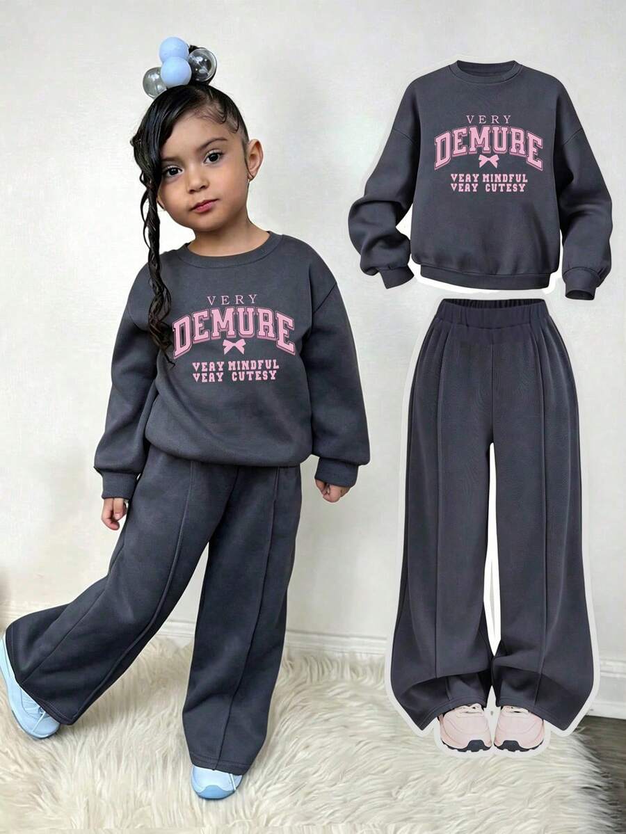 Young Girl Letter Print Round Neck Long Sleeve Top And Flared Pants - Dark Grey - View 1