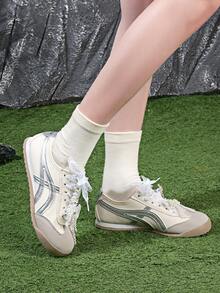 Lace Shoelaces Ballet Style Cute Pearl Bow Women's Accessories Casual Sports Shoes, Versatile Round Toe Lace-Up Colorblock Flat Shoes - Silver - View 7