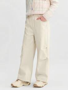 Balabala Quần jean denim cho bé gái phong cách ngọt ngào thường ngày, quần dài co giãn thoải mái cho bé gái tuổi tween mặc hàng ngày - Tông màu trắng - Xem 2