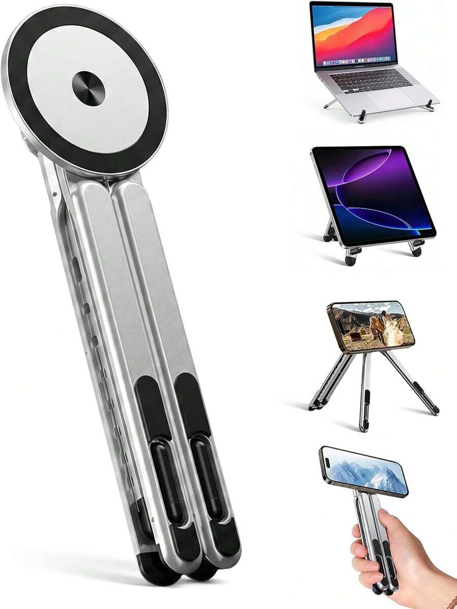4-In-1 Foldable Laptop Stand & Magnetic Phone Holder, Silver Aviation Aluminum Portable Desktop Stand With N52 MagSafe For Tripod Handle, Compatible With MacBook Pro, Travel & Video Bloggers