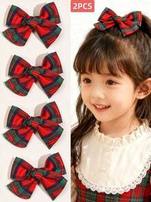 2pcs Christmas Classic Plaid Bow Hair Clip For Kid Girl,Red And Green Gingham Hairpin For Fall And Winter Daily,Gift For Daughter,Girl Hair Accessory - Multicolor - View 1