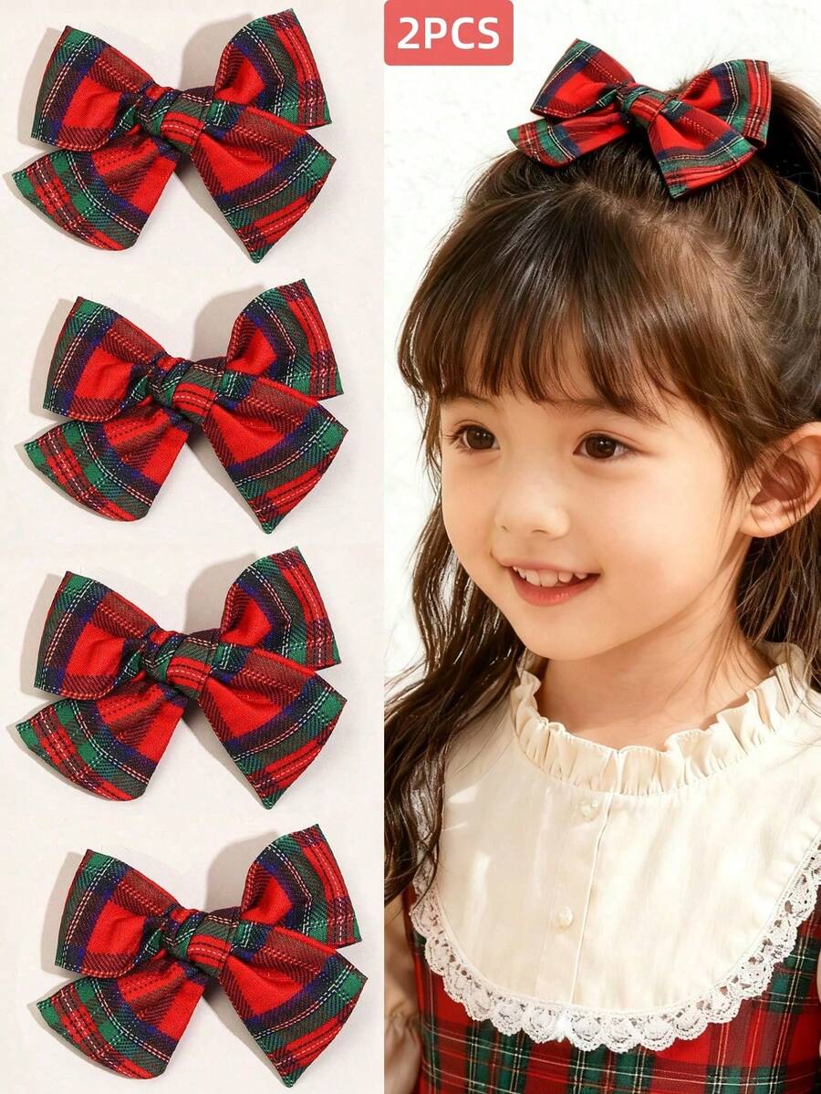 2pcs Christmas Classic Plaid Bow Hair Clip For Kid Girl,Red And Green Gingham Hairpin For Fall And Winter Daily,Gift For Daughter,Girl Hair Accessory - Multicolor - View 1