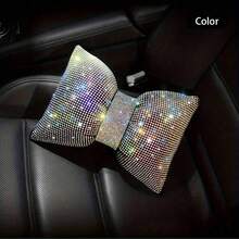 1pc Car Neck Pillow, Soft Car Headrest, Shiny Car Pillow, Bowknot Pillow, Crystal Rhinestone Car Accessories, Women's Car Pillow - Multicolor - View 8