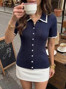 Cardigan Rajut Lengan Pendek Berhiaskan Renda untuk Wanita (Musim Gugur) - Navy Blue - View 3