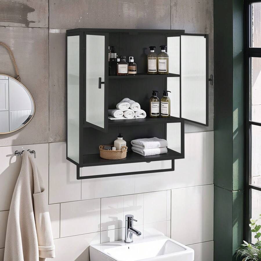 60CM Glass Doors Modern Two-Door Wall Cabinet With Featuring Two-Tier Enclosed Storage, An Open Shelf, And Towel Rack, For Entryway Living Room Bathroom Dining Room,Black - 黑色 - 查看 1