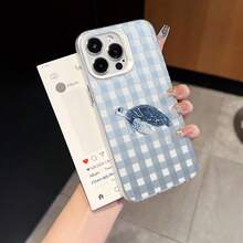 HANCAI 1pc Blue & White Plaid Ink Wash Sea Turtle Print Phone Case, Large Window Lens Frame Full Coverage Transparent Soft Shell, Suitable For IPhone17/17Pro/17ProMax/16/16Plus/16ProMax/16e/15ProMax/11/12/12Pro/12ProMax/13/13Pro/13ProMax/14/14Pro/14ProMax, Ins Fresh Ocean Style Anti-Drop Phone Protective Cover - White Frame, Sand White - View 5
