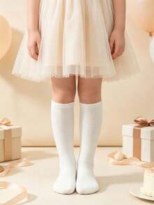 1 Pair Girls Knee High Socks, Fall Winter Solid White Long Socks, Simple Versatile Footwear, Halloween Christmas Essentials Stuff, School Uniform Wear - Multicolor - View 8