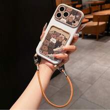 Cute Cat Stacked Pattern Lychee Texture Anti-Drop Card Holder Phone Case With Lanyard, Compatible With Apple 11, 12, 13, 14, 12 Pro Max, 13 Pro Max, 15, 15 Pro, 15 Plus, 15 Pro Max, 16, 16 Pro, 16 Plus, 16 Pro Max, 17, 17 Pro, 17 Air, 17 Pro Max And Other Phone Models, Great Gift Choice For Couples And Holidays - Brown - View 2
