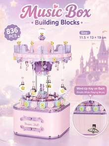 1pc 782/836 PCS Mechanical Wind-Up Building Block Music Box, 2 Styles Available, Rotates While Playing Music, Dream Carousel & Space Explorer Small Blocks Toy, Desktop Display Decor, Gift Idea - Clear - View 7