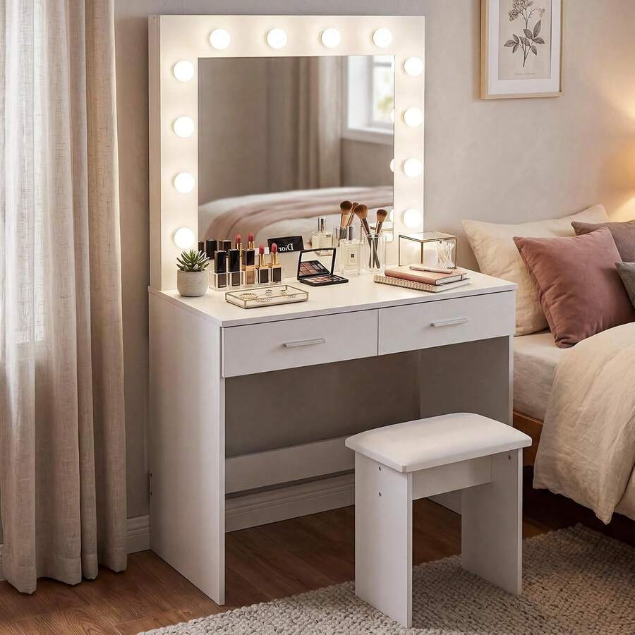 Jooli H Dressing Table Set With LED Lights Mirror, Vanity Makeup Table 2 Large Drawers And Stool, White