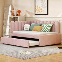L-Shaped Upholstered Bed, 140x200 Cm Sofa Bed With Floral Backrest And Pull-Out Bed In Beige Velvet Fabric - Pink - View 7