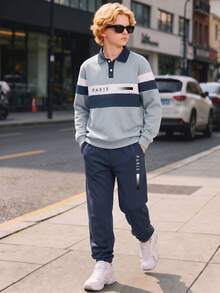 Teenager Spring/Autumn 2-Piece Set, Letter Striped Print Colorblock Polo Shirt With Matching Jogger Sweatpants, Versatile Casual Outfit For Students - Royal Blue - View 3