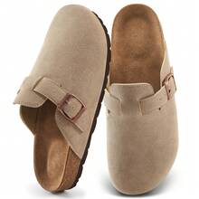 Women's Casual Apricot Suede Mules Cork Footbed Sandals Women's Summer Falt Sandals.Adjustable Buckle Clogs Arch Support Lightweight Potato Shoes - 杏色 - 查看 1