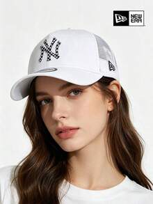 New Era Adjustable NY Logo Baseball Cap, White With Pattern Embroidery, Street Fashion Unisex Headwear - White - View 2