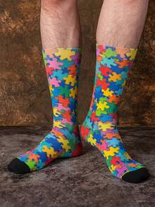 1/3 Pairs Rainbow Color Puzzle Block Pattern Mid-Calf Socks, Men's Mid-Calf Socks, Novelty And Fun, Interesting Christmas Gift - Multicolor - View 7