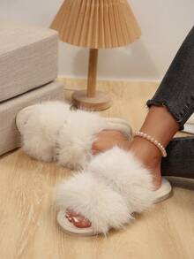 Women's Double Strap Faux Fur Open Toe Slippers, Soft Fluffy Plush House Slides, Lightweight Comfortable Warm Indoor Home Shoes - Beige - View 6