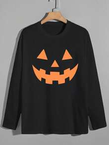 Plus Size Women's Halloween Pajamas, Pumpkin Smile Print Long Sleeve Top, Suitable For Sleeping, Sports, Home Wear, Autumn/Winter - Black - View 5
