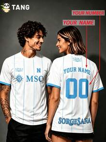 Men Custom Napoli Forza Napule Stripe Print Soccer Jersey, Personalized Name Number Football Shirt Fan Gear Match Training Daily Gift - White - View 4