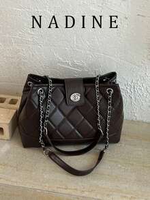 女款時尚大容量單肩托特包，極簡純色，斜挎通勤旅行百搭鏈條包 - 咖啡 - 查看 2