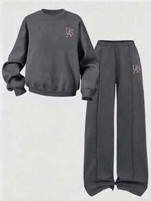 Young Girl Letter Print Crew Neck Long Sleeve Top And Flared Pants - Dark Grey - View 2