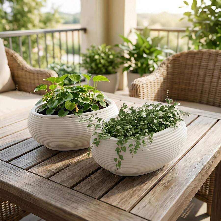 2 Sets Nordic Style Self-Watering Plastic Flower Pots (2 Inner Pots And 2 Outer Pots), With Bird Nest Shaped Horizontal Stripes, Multi-Functional Succulent Planters, Gardening Gift, Home Decor - 2 Sets (2 Planters + 2 Inner Pots) - View 1