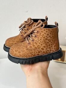 Kids' Dark Leopard Print Ankle Boots, Round Toe Anti-Collision Lace-Up Design, Versatile British Style Boots For Outdoor Wear - Black - View 7