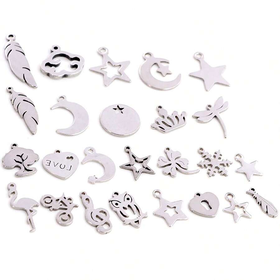 10pcs Stainless Steel Feather Leaf Moon Star Heart Small Charms Pendant For Earrings Necklace Bracelet DIY Jewelry Making Accessories - Stainless Steel Small Pendant - View 1