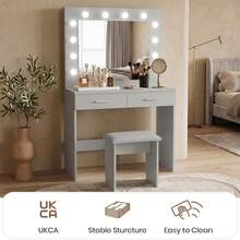 White Dressing Table Set With LED Lights Mirror, Vanity Makeup Table 2 Large Drawers And Stool - Light Grey - View 6