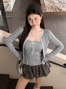2pcs/Set Atasan Camisole Rajut Seksi & Kardigan Lengan Panjang, Trim Renda Transparan, Pita Ikat, Cocok Untuk Jalan-jalan, Berkomuter, Kencan Musim Gugur - bunga abu-abu - View 4