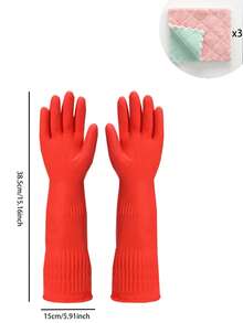 1 Pair Red Waterproof Anti-Slip Latex Kitchen Cleaning Gloves + 3pcs Double-Sided Highly Absorbent Coral Fleece Dishcloths, Non-Lint, Non-Greasy, Washable - Red - View 13