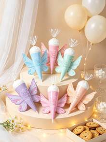 24/12/6 piezas Bolsas de cono de algodón de azúcar con alas de mariposa de hada, conos de papel de caramelo en tonos pastel, adecuados para cumpleaños de niñas, baby shower, regalos de fiesta con tema de hadas, decoración de fiesta de cumpleaños de bebé, mesa de postres, decoración de mesa - Multicolor - Ver 2